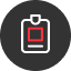 Icon of clipboard on circular dark background.