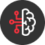 Icon of half-brain and half circuit board on circular dark background.